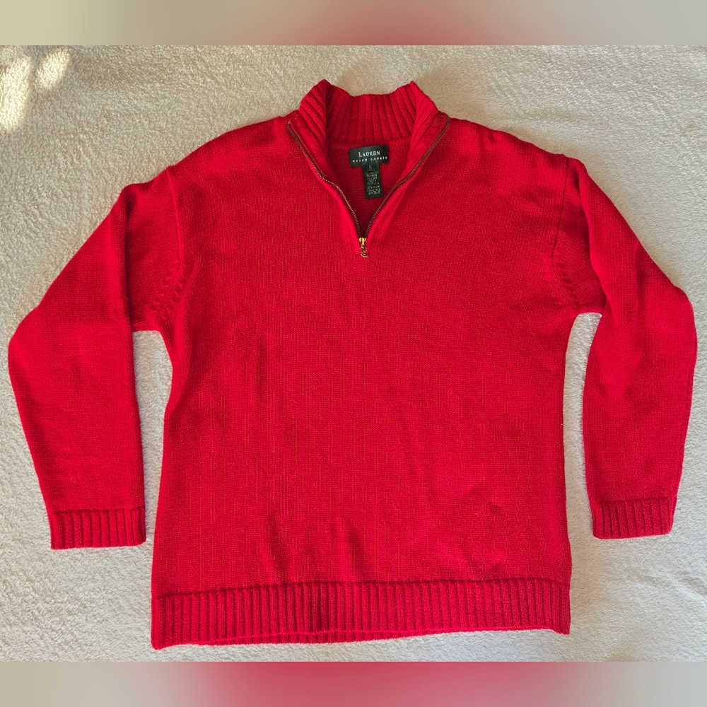 Lauren Ralph Lauren Cotton Red Half-Zip Gold Hardware Sweater Womens L